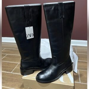 Zara Black Leather Knee High Boots Flat Round Toe Pull Tab Equestrian Eu 40/Us 9